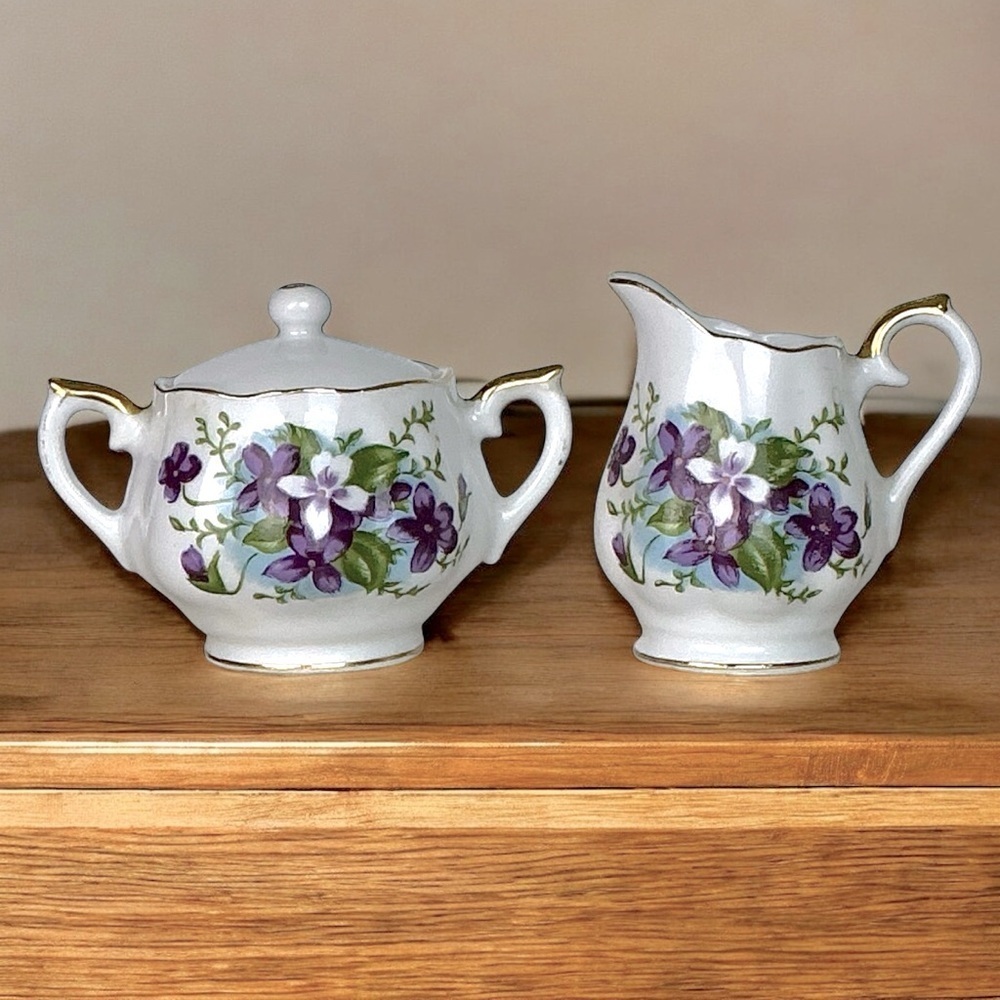 Vintage Violet Porcelain Creamer Sugar Miniature Set Hand Crafted Japan 1989
